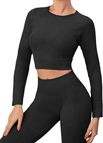 ZHENGHAO Buscando Womens Gym Sets 2 Piece Long Sleeve Workout Crop Top Tank Ribbed High Waist Seamless Leggings Tracksuits Activewear Yoga Outftis (M, Black)