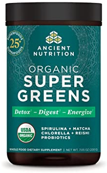 Ancient Nutrition Super Greens Powder, Organic Superfood Powder with Probiotics Made with Spirulina, Chlorella, Matcha, and Digestive Enzymes, 25 Servings, 7.05oz