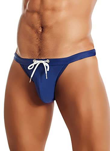 MIZOK Men's Sexy Low Rise Swimsuits Bikini Swimming Briefs Swimwear with Adjustable Drawstring Navy L