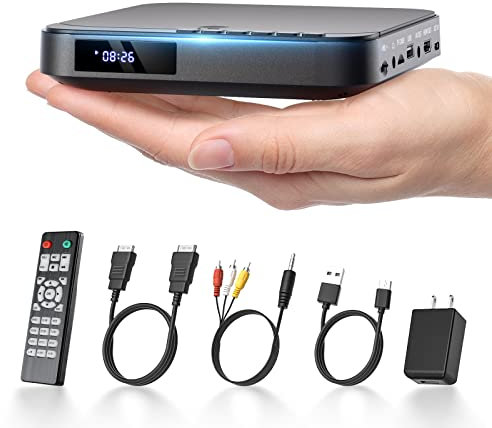 Mini lettore DVD HDMI, DESOBRY piccolo lettore DVD per TV, lettore DVD compatto 1080P HD per Smart TV con All Region Free, lettore CD DVD con uscita AV, ingresso scheda USB/TF, telecomando