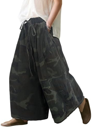 UQJE Women's Camo Wide Leg Baggy Jeans Plus Size Loose Elastic Waist Denim Pants with Deep Pockets