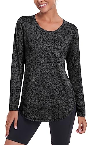 Deaviya Womens Long Sleeve Sports Tops UK, Sport Yoga T-Shirt Workout Running Tops, Crew Neck Quick Dry Golf Activewear Ladies Gym Sports Top, L,Black