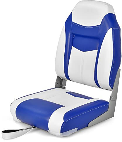 GYMAX Hochrückensitz für Boote, Hochlehner Bootssitz, bequemer Anglersitz mit dichtem Schwammkissen, klappbarer Bootsstuhl (Blau+Weiß, Einzeln)