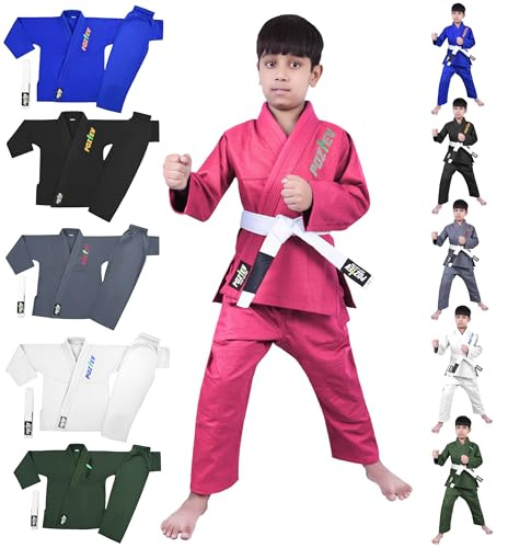 POZTEV Kids Brazilian Jiu Jitsu Gi for Kids BJJ Gi Youth Grappling Kimonos Preshrunk Lightweight Children Martial Arts Training Uniform with Free White Belt (P,K2)