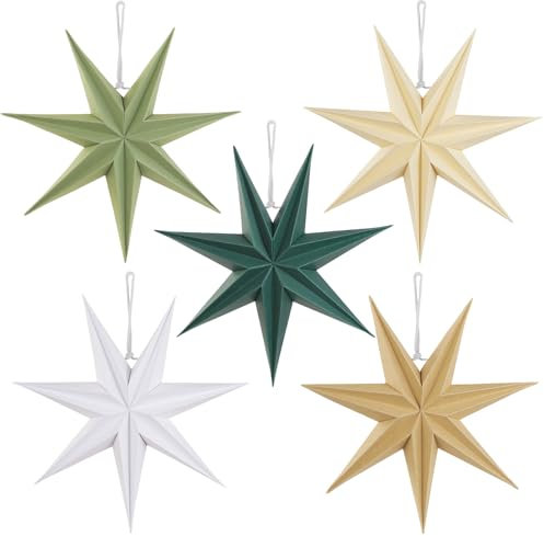 SUNBEAUTY Set di 5 Stelle di Carta Beige, 30 cm, Marrone, Decorazione Natalizia, Verde Scuro, 7 Punte, Bianco, Verde Salvia, Decorazione Natalizia, Matrimonio, Compleanno, Decorazione da Tavolo