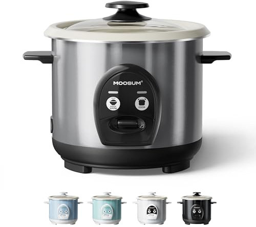 MOOSUM Arrocera y Control de Un Solo Botón, 0,6L Para 1-3 Personas, Preparación Rápida Sin Quemar - Con Función para Mantener Caliente Incluye Cuchara y Taza Medidora, Plata