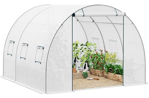 WOLTU Gewächshaus, Foliengewächshaus für Aufzucht Tomaten, Tomatenhaus Winterfest mit Tür 6 Fenstern, aus Stahlrohr PE, 300 x 300 x 200 cm, Weiß