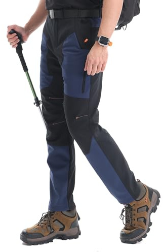 Peakwell Men's Hiking Trousers Warm Fleece Waterproof Windproof Walking Pants with Zip Pockets, Navy, 36