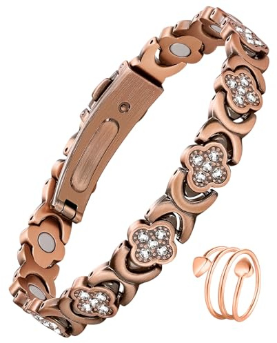 Jecanori Copper Bracelets for Women, Ultra Strength Magnetic Bracelets with 3800 Gauss Magnets & Sparkling Cubic Zirconia, Pure Copper Clover Jewelry with Ring