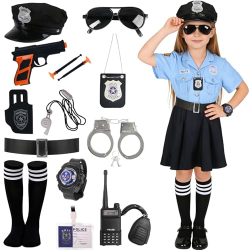 Disfraz de Policia Niña Uniforme de Policia Accesorios con Sombrero Placa Policia Cinturon Walkie Talkie, Niñas Halloween Fiesta Carnaval Coplay Fancy Dress