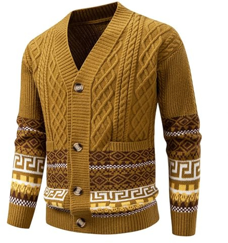 Générique Pull Norvégien Homme Jacquard Vintage Cardigan Homme à Boutons Baggy avec Poches Pull Islandais Confortable Manteau Tendance Pulls de Noel Coupe Ajustée pour Bureaux et Loisirs