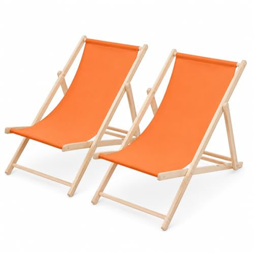 Easy Act Chaise longue pliante en bois – Chaise de plage et de jardin avec dossier réglable, supporte jusqu'à 120 kg, chaise longue pour jardin, balcon et terrasse (Orange, lot de 2)