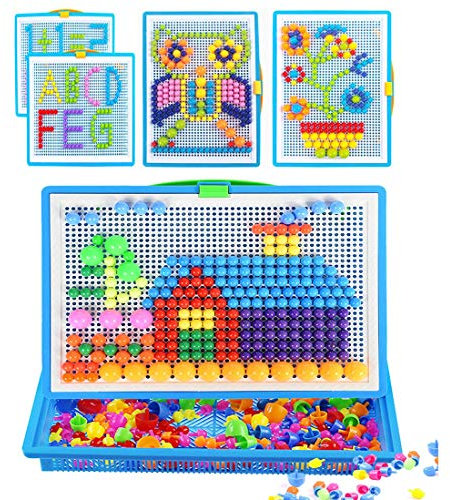 592 PCS Kids Jigsaw Puzzle Board Mushroom Nails Pegboard DIY Assorted Color Mosaic Kit Game Educational Toys Popular Birthday Christmas Toys for Children Girls Boys Age 3-8 Years (592 PCS)