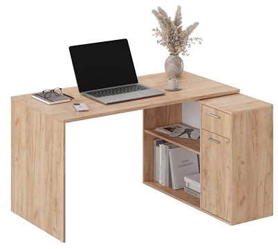 RICOO Eckschreibtisch mit Stauraum Eiche WM083-EG L Form Schreibtisch mit Schubladen 136x101x75 cm Computertisch Bürotisch PC Tisch Ecke Winkelschreibtisch Schreibtische Holz