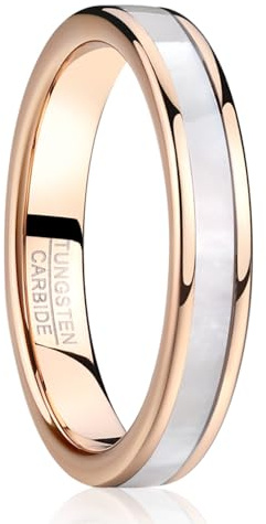 Vakki Ringe aus Roségold 4mm Wolfram Ring für Damen Weißer Perlmutt Ehering Frauenring für Hochzeit, Versprechen, Täglich, Größe 57(18.1)
