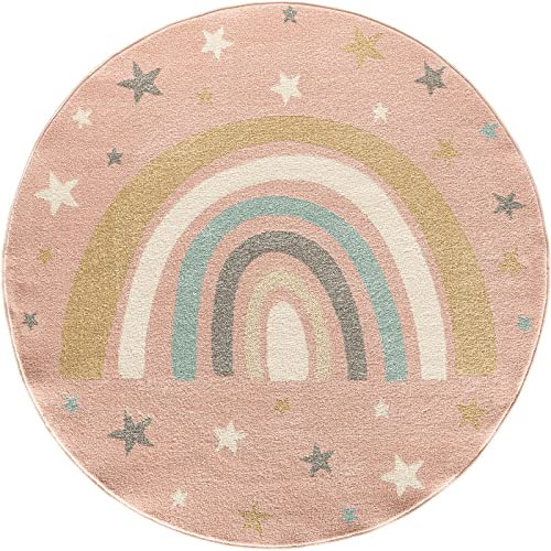 the carpet Beat Kids Moderner Weicher Kinderteppich, Weicher Flor, Pflegeleicht, Farbecht, Regenbogen Muster, Rosa, 160 cm Rund