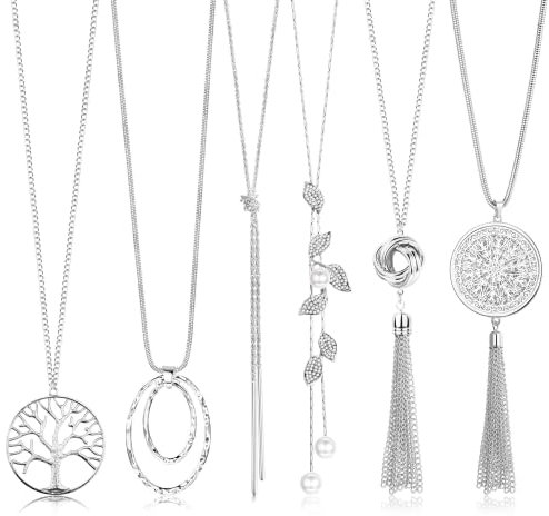 Roheafer 6Pcs Lang Modeschmuck Kette für Damen Lange Quaste Anhänger Halskette Kreis Knoten Bar Feder Blatt Pullover Halskette Statement Kette Aussage Halskette für Frauen