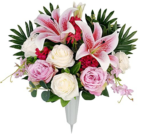 HENOMO Artificial Cemetery Flowers for Grave Vase， Headstone Silk Flower Arrangement, Graveside Decoration- Vibrant Pink Lily and Rose, Tombstone Memorial Bouquet with Vase