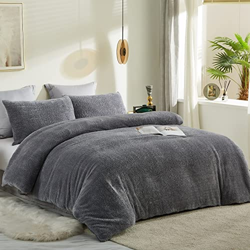 Sedefen Housse Couette 220x240cm + 2 Taies d'oreiller 65x65cm Polaire Sherpa Hiver Chaude Duveteuse Peluche Flanelle Fille Ado Parure lit 2 Personnes Gris Foncé Linge lit Avez Fermeture Éclair