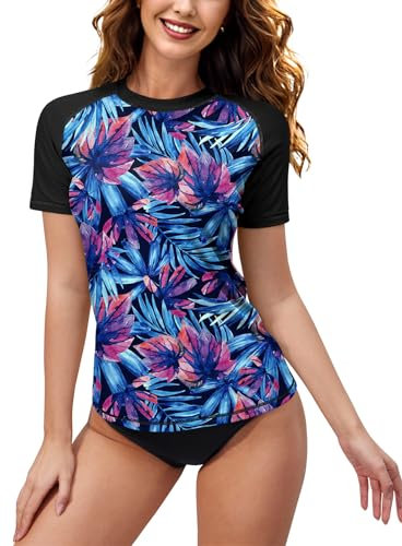 BesserBay Camiseta de natación para mujer, protección UPF 50+, cuello redondo, manga corta, secado rápido, tallas S-XXL, B20., XL