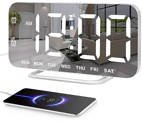 Slim LED Digital Alarm Clock, Mirror Surface for Makeup, with Diming, Large Display, Easy Setting, USB Charger Ports, Modern Bedroom, Desk, Office Living Room Decor, Christmas Birthday for Women Girl