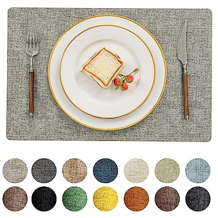 Romanstile Vinyl Placemats Set of 4-12 X 17 Inch - Faux Leather 100% Waterproof Oil-Proof Wipeable Place Mats, Heat Resistant Reversible PU Table Mats for Kitchen Dining Party Outdoor, Light Grey