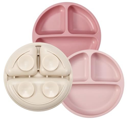 PandaEar 3 Stück Baby Teller mit Saugnäpf, 100% Silikon Unterteilt Kinderteller set, Silikonteller Baby Saugnapf mit Unterteilung, Esslernteller Geteilte Teller, BPA-frei Babyteller Rutschfest