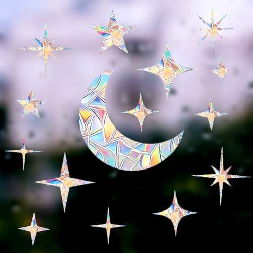 GORGECRAFT 4 Sheets Moon Window Cling Stickers Stars Suncatcher Sticker Planet Universal Windows Film Vinyl Prismatic Non Adhesive Anti-Collision Sun Catcher Decals for Bird Strikes 30x22cm