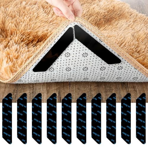 YUXIANLB Adhesive Grippers for Rug, 10 Pcs Non Slip Gripper for Hardwood Floors Rug Corner Grippers, Dual-Sided Rug Stoppers Make Corner Flat, Rug Tape Grips Carpet Flexible Sticky Pad (Black)