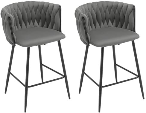 EUGAD Barhocker 2er Set, hoher Hocker Samt, Barstuhl mit gewebter Rückenlehne, gepolsterter Küchenhocker mit Fußstütze, für Bar Café Küche Wohnzimmer, Dunkelgrau, 1082BY-2