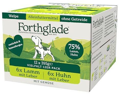 Forthglade Nassfutter für Hunde (Mixpaket, 12 x 395g Schalen) – getreidefreies Futter für Welpen von 2-12 Monaten mit Lamm und Leber & Huhn mit Gemüse, hypoallergenes Hundefutter