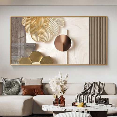 FSLEOVN Impression sur toile abstraite - Doré et beige - Impression géométrique sur toile - Tableau mural XXL - Pour salon - Grande taille - Beige doré - Décoration murale - Sans cadre - 60 x 120 cm