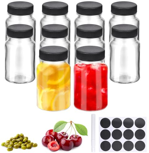 TranRantic 10 Piezas Botes Cristal Pequeños, 60ml Mini Botella de Vidrio con Tapa Hermética, Botella de Cristal Pequeña Reutilizables, Botellas Vidrio Portátil para Jugos, Aceite, Leche (Negro)