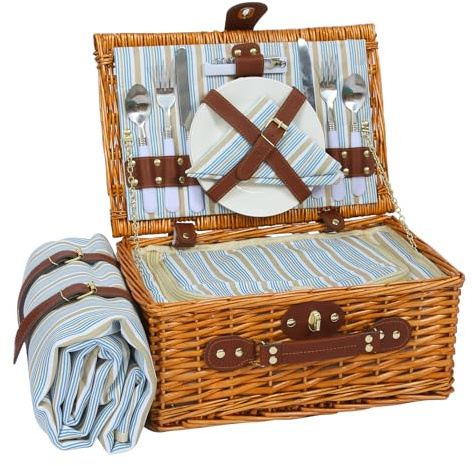 HYBDAMAI Juego de cesta de picnic para 2 personas con compartimento refrigerador y manta de picnic impermeable, correa extraíble, bolsa de vino, juego de cubiertos, para camping, playa, senderismo