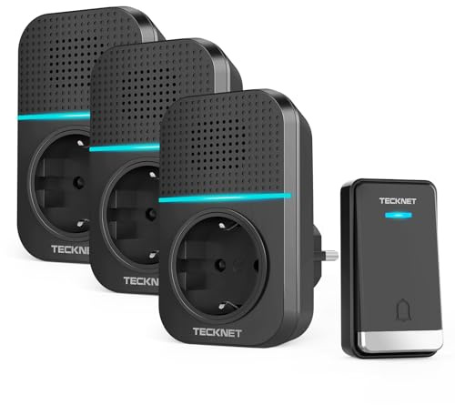 TECKNET Timbre Inalámbrico Exterior Impermeable con Enchufe, 400m Alcance Timbre Casa Autoalimentado, IP65 Timbre para Puerta sin Pilas con Indicadores LED, 60 Melodías Rango, 5 Niveles de Volumen