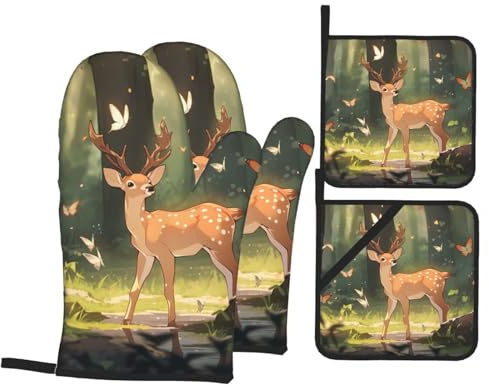 YYHWHJDE Bambi Printing Kitchen Baking 4-Piece Set - Insulated Oven Mitt and Pot Holders Anti-scalding and Heat Insulation