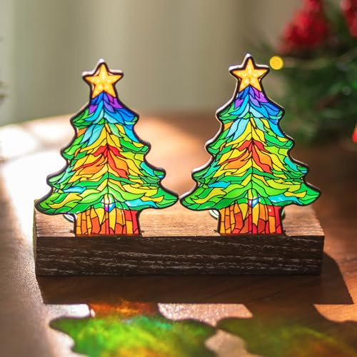 Christmas Candle Holders Decorations Indoor: Hewory Wooden Tea Light Holder with Stained Glass Christmas Tree Vintage Xmas Ornaments for Home Table Centrepiece Party