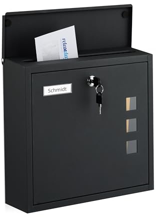 Relaxdays Briefkasten mit Sichtfenstern, HxBxT: 33 x 35 x 12 cm, Eisen, 4 Schlüssel, Postkasten Querformat, schwarz