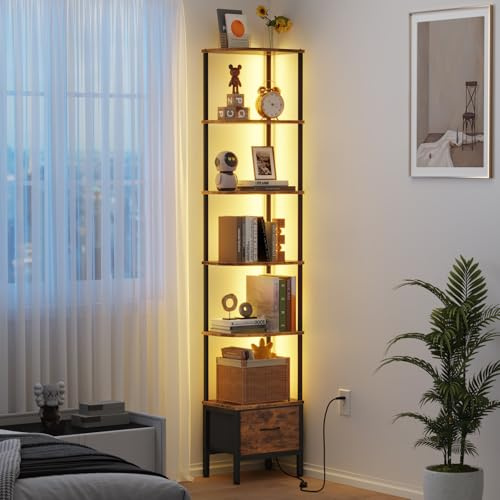 OYRREU Bibliothèque d'angle avec Tiroir et Éclairage LED, Étagère Haute à 6 Niveaux pour Salon ou Chambre, Étagère Étroite avec Tiroir en Tissu, 191 cm, Marron Rétro