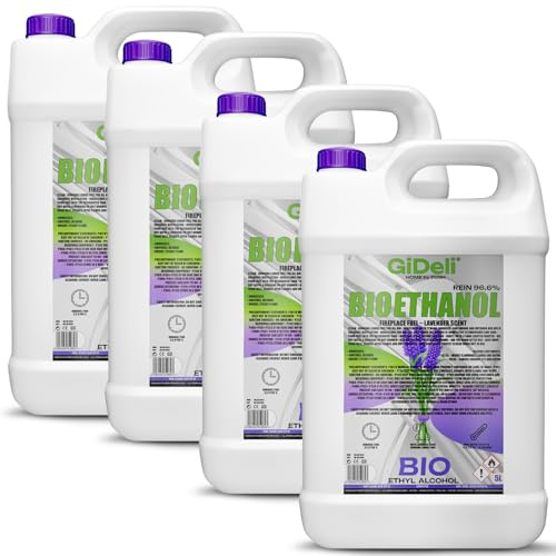GiDeli Bioetanol 4 x 5 l de aroma de lavanda 96,6% etanol para chimeneas interiores y exteriores, sin humo ni hollín, de maíz y remolacha azucarera