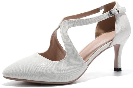 HIPPOSEUS Zapatos de Vestir de Tacón de Aguja 7cm para Mujer Zapatos Cómodos Clásicos con Punta Afilada para Bureau y Fiestas,Blanco,34 EU