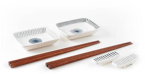 H&H Set Sushi 8 Pezzi, Tsubaki in Porcellana Decorata – 2 Coppette Rettangolari 9,5x7 cm + 2 Coppie Bacchette in Legno + 2 Appoggia Bacchette, Idoneo per Lavastoviglie e Microonde