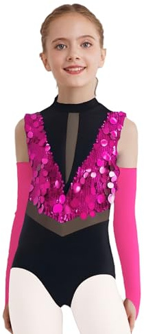 iiniim Traje Patinaje Artistico Competición Niñas Maillot Baile Latino Jazz | Body Gimnasia sin Mangas con Guantes y Lentejuelas Traje de Baile Moderno