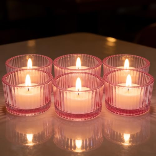 LHNNDM Transparent Tea Light Holders Glass 12 Pcs, 5×3.5cm Ribbed Tea Light Holders Glass Tealight Holders Vintage Home Decor (pink)