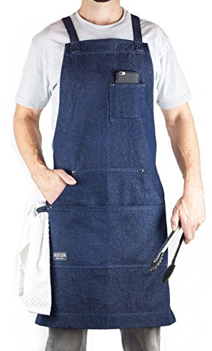 Hudson Durable Goods Professional Grade Chef Apron for Kitchen, BBQ, and Grill - Adjustable Crossback Denim Apron for Men and Women with Pockets, Towel Loop, Quick Release Buckle - 34 x 27 Inch, Blue