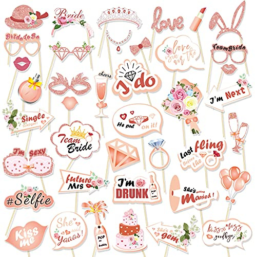 HOWAF 40pcs Hen Party Photo Booth Props Team Bride Selfie Props Rose Gold Wedding Bridal Shower Hen Night Do Party Game Accessories