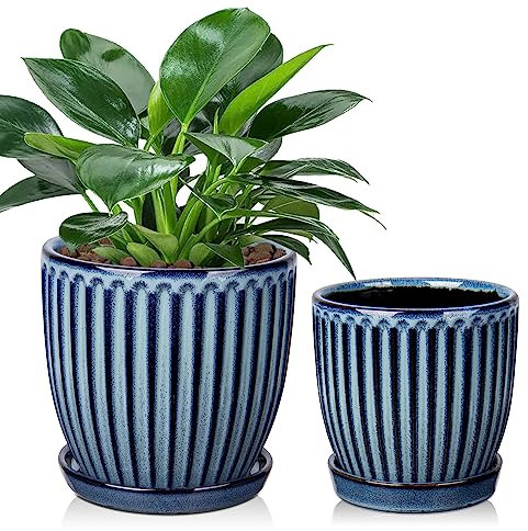 Oairse Set of 2 Ceramic Plant Pots 13CM 15CM Blue Ceramic Planter with Drainage Holes and Saucers Decorative Stripe Plant Pots Indoor Modern Flower Pots for Succulent Cactus Orchid House Plants