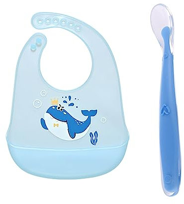 Haklapp i silikon, babymatning, babyhaklapp, silikon, silikonhaklappar för småbarn och spädbarn, babyhaklappar med uppsamlingsbricka, för pojke, flicka med 1 matsked för baby, blå, En Storlek