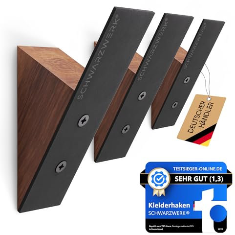 SCHWARZWERK Wandhaken | Kleiderhaken Wand [3er SET] mit Montagematerial - Stilvolle Garderobenleiste, Huthaken, Garderobenhaken, Jackenhalter (Schwarz-Walnuss)