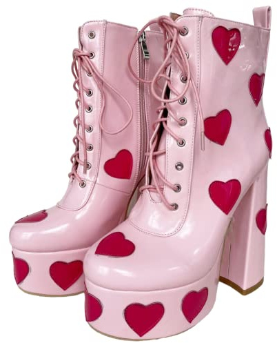 Frankie Hsu Lolita Bottines gothiques roses vernies rouges en forme de cœur Bottines à talons hauts épais tendance rétro classique grande taille bottes pour homme et femme, rose, 50 EU